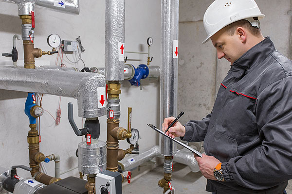 plumber inspecting boiler system